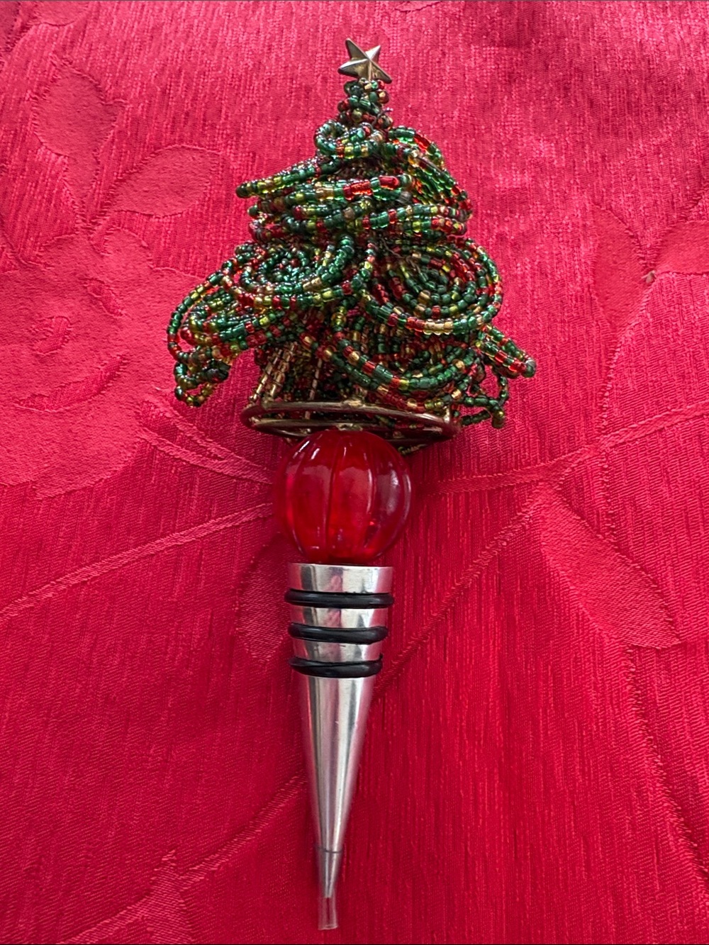 Pier 1 Import Beaded Christmas Tree Wine Stopper - Red and Green